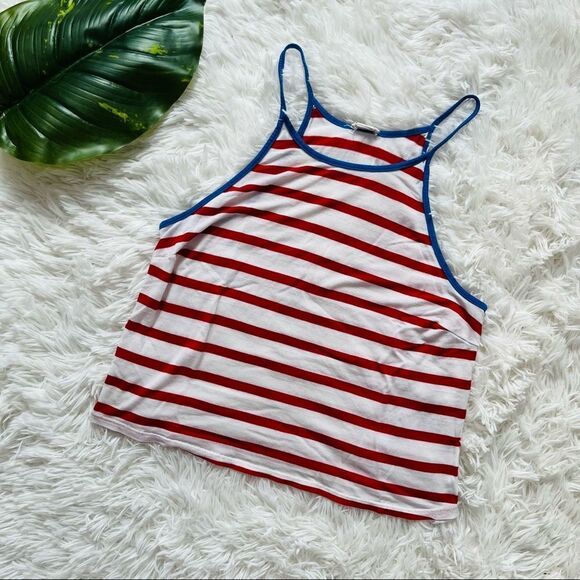 🤍 3/$25 GARAGE | Red & White Striped Halter Tank Top With Blue Trim Size XS - Picture 1 of 3